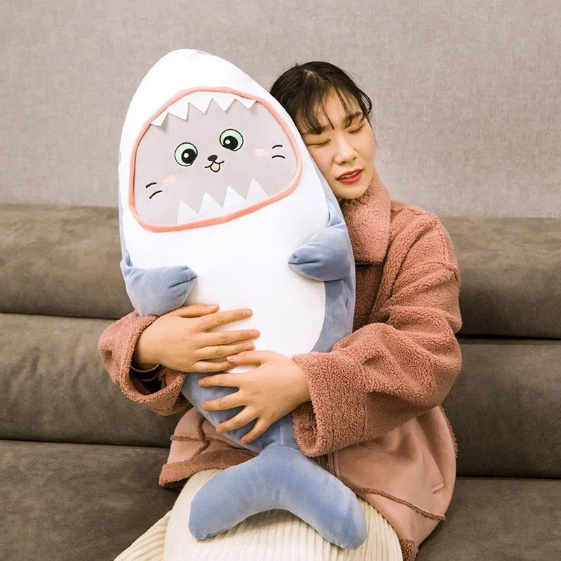 lovely shark plush bolster cat inner design indoor sleeping cushion living room decoration daily use practical birthday souvenir view 2