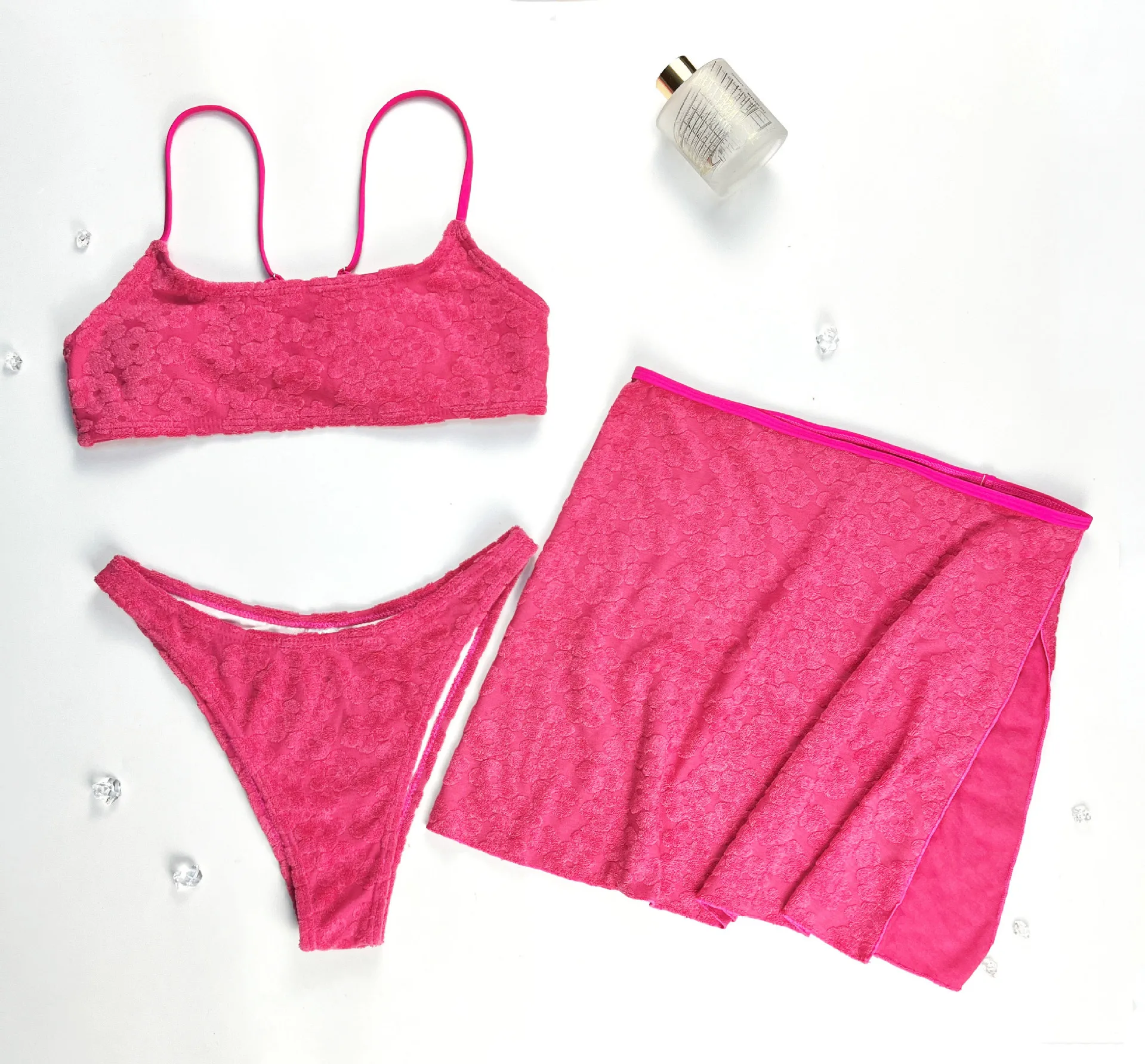 

Pink Flowers Bikini String Sexy Mini High Cut Dress Swimsuit Vacation Swimwears Womens 3 Piece Beach Bathing Swim Suit