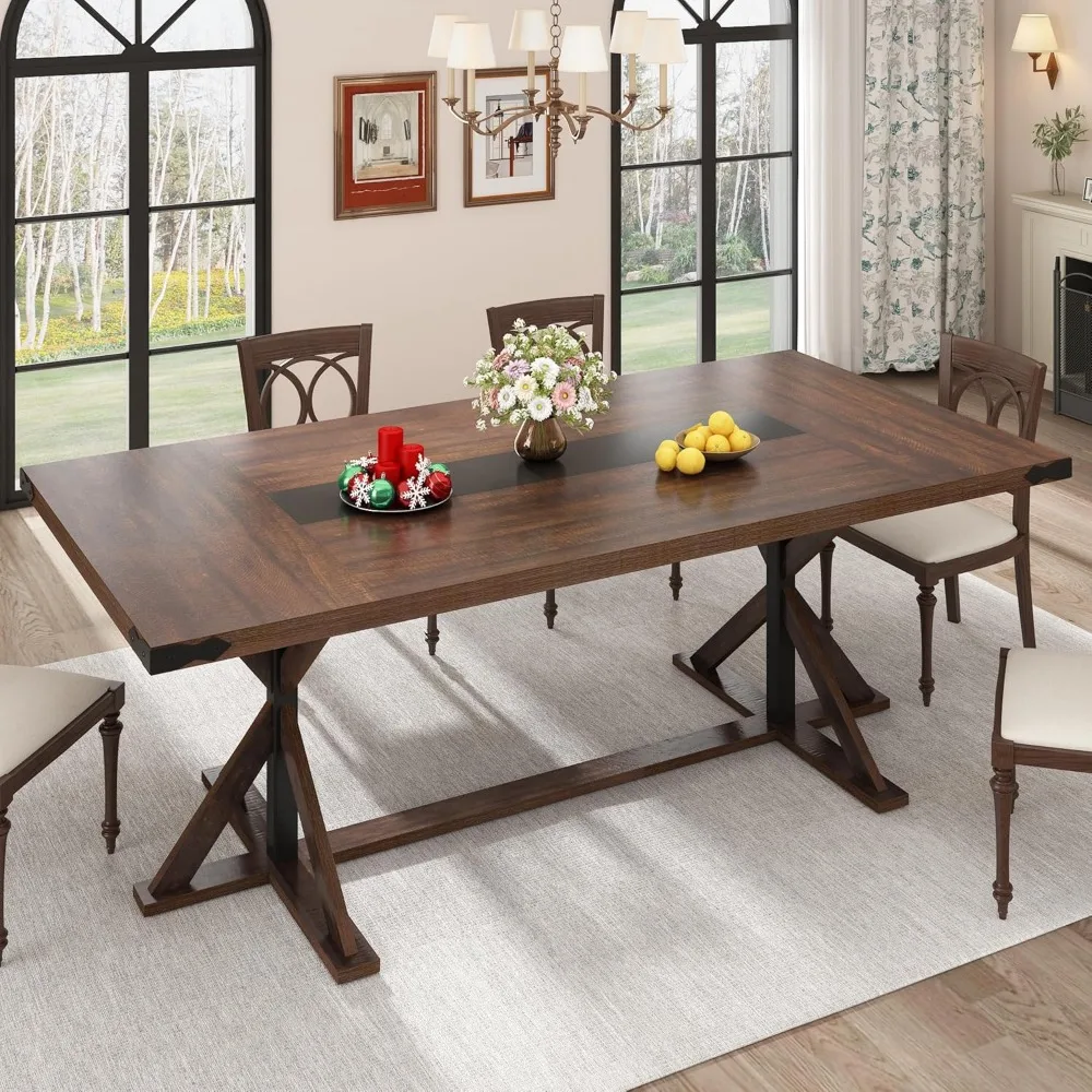 Rectangular 78-Inch Farmhouse Dining Table for Eight with Thick, Waterproof Wooden Top