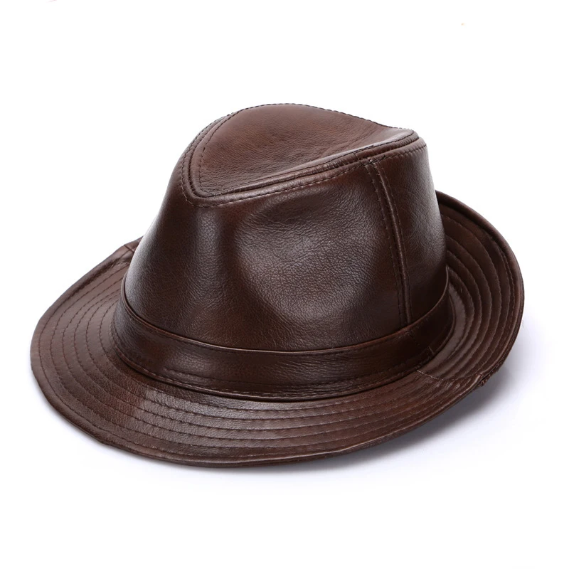 2024 Autumn Men Real Genuine Cowhide Leather Top Hats Men Fashion Caps Winter Warm New Cowboy  100% Real Cowhide Leather Hats