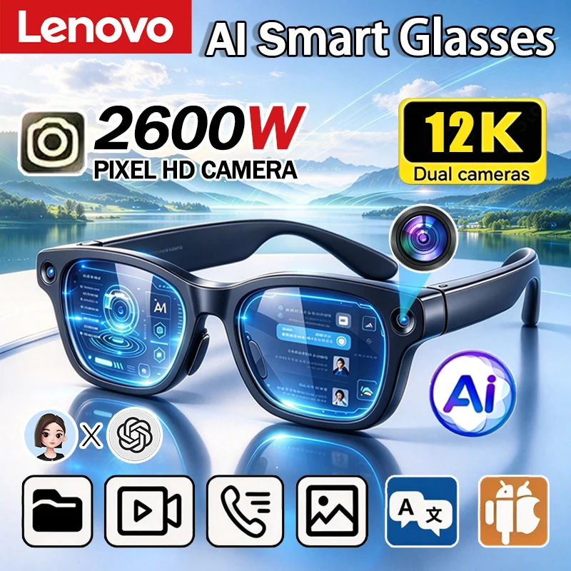 Lenovo AI Smart Glasses Remote Control Touch Voice Assistant Translation Bluetooth Call Music Playback Video Recording Smart Sun
