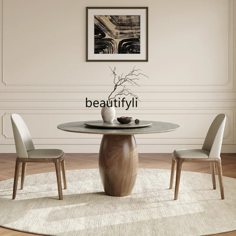V cqyMatte Stone Plate round Table with Turntable Home Modern Minimalist North American Black Walnut Designer Solid Wood