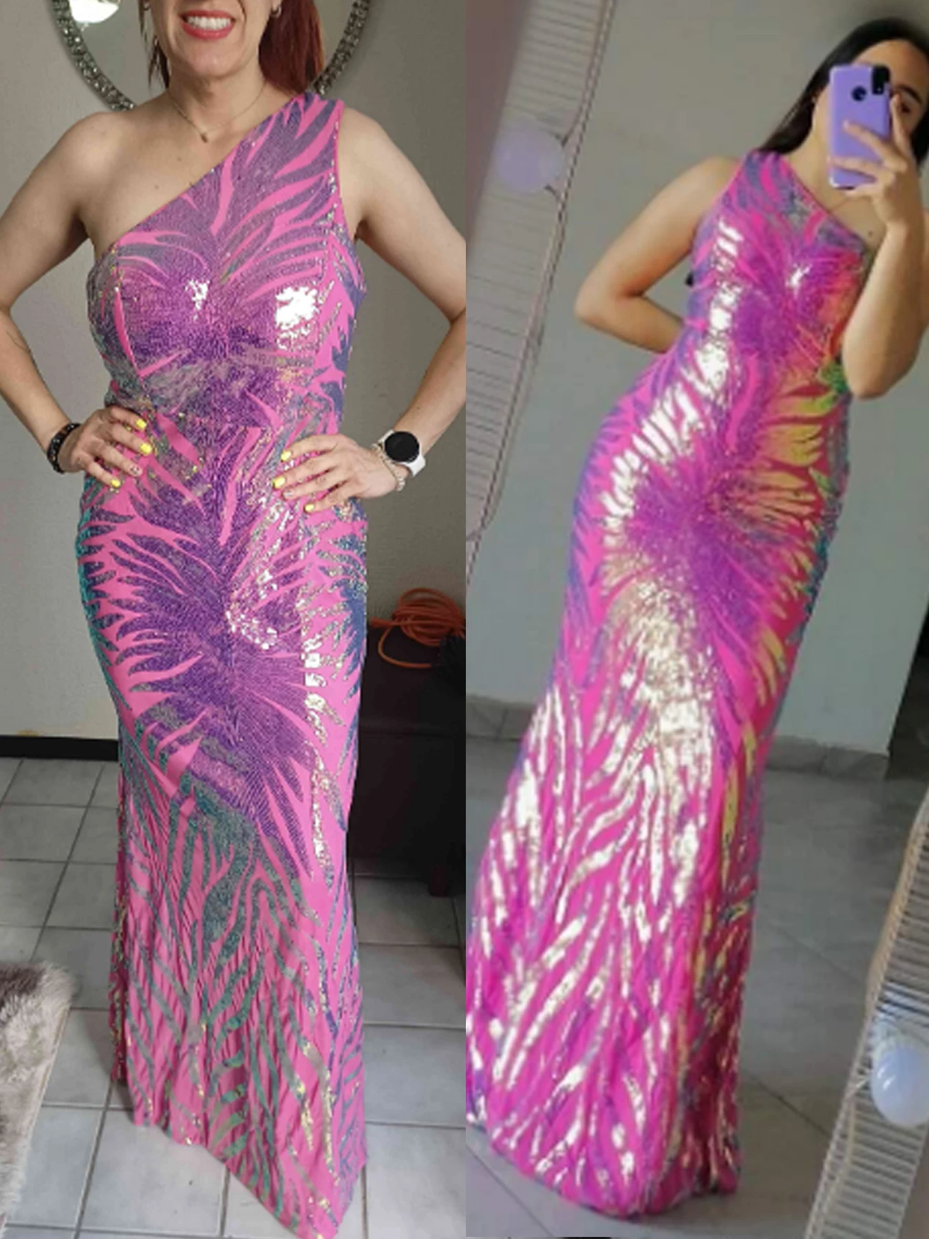 Lavender Pink One Shoulder Sequin Maxi Dress Sleeveless Evening Party Prom Gown for Women