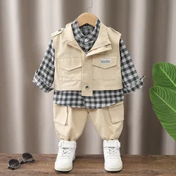 Baby Boy Clothes 9 to 12 Months Vest + Plaid Shirts + Pants 3 PCS Infant Outfits Toddler Boys Clothing Set Kids Bebes Trackusuit