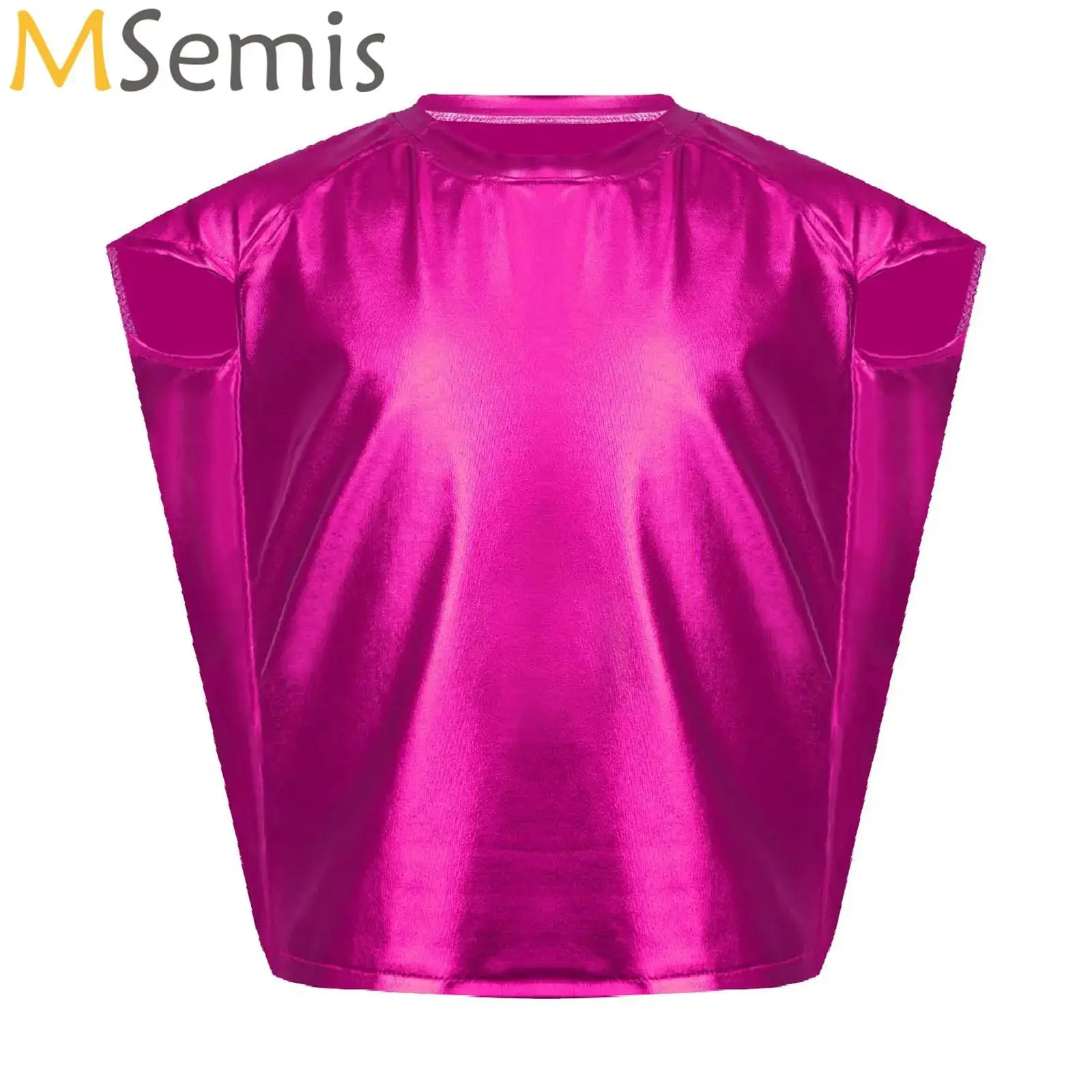 

Kids Boys Girls Dance Crop Tops Metallic Cap Sleeve Tank Top T-shirt for Modern Jazz Hip-hop Dance Costumes Street Dancewear