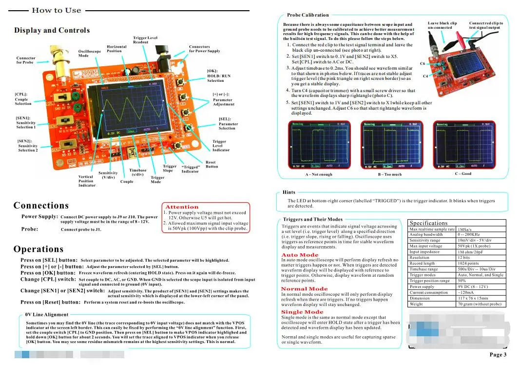 DSO138 Fully Assembled Digital Oscilloscope 2.4 inch TFT LCD Display Probe Test Clip Acrylic Case Oscilloscope DIY KIT