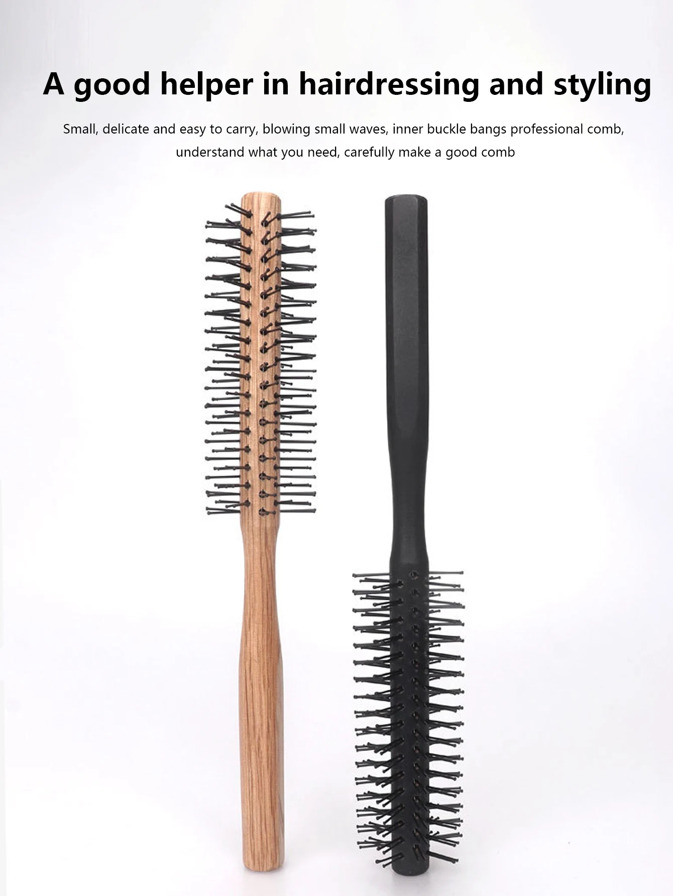 2Pcs Round Hair Roller Brush Set, Wooden Handle Curling Hair Brush, Nylon Bristle Blow‑Drying Styling Comb for Volume Bangs Curl