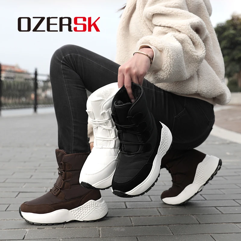 OZERSK New Waterproof Winter Snow Boots Lace Up Non-Slip Fashion Fur Comfortable Casual Handmade Plush Warm Boots For Women