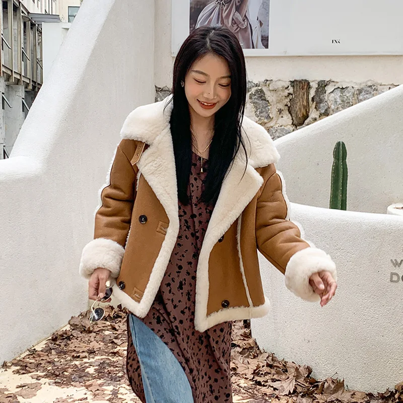 Lady ตัดหนัง2022ใหม่หนา Crop ของแท้ Sheepskin เสื้อกันหนาวขนสัตว์ซับ Splicing ฤดูหนาวแฟชั่น MH3899L