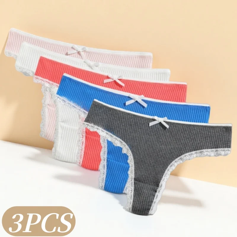 3-teiliges Set Gerippte Baumwoll-Tangas Damen G-String mit Spitzenbesatz Unterwäsche Komfortable Hüftslips Sexy Dessous S-XL