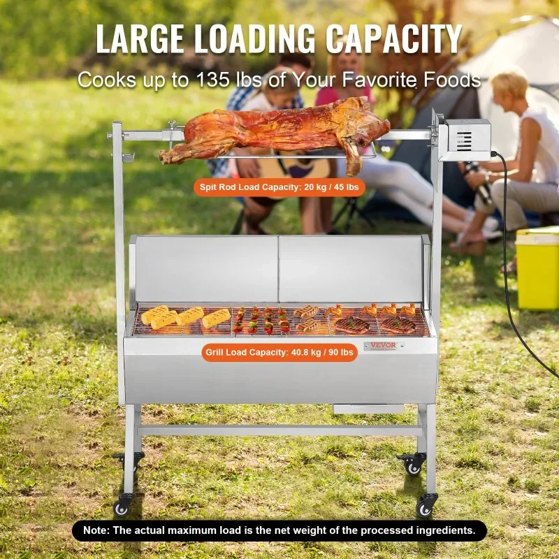 SucceBuy 35inch Electric Rotisserie Grill - Stainless Steel Charcoal Spit Roaster with Lockable Wheels for Camping