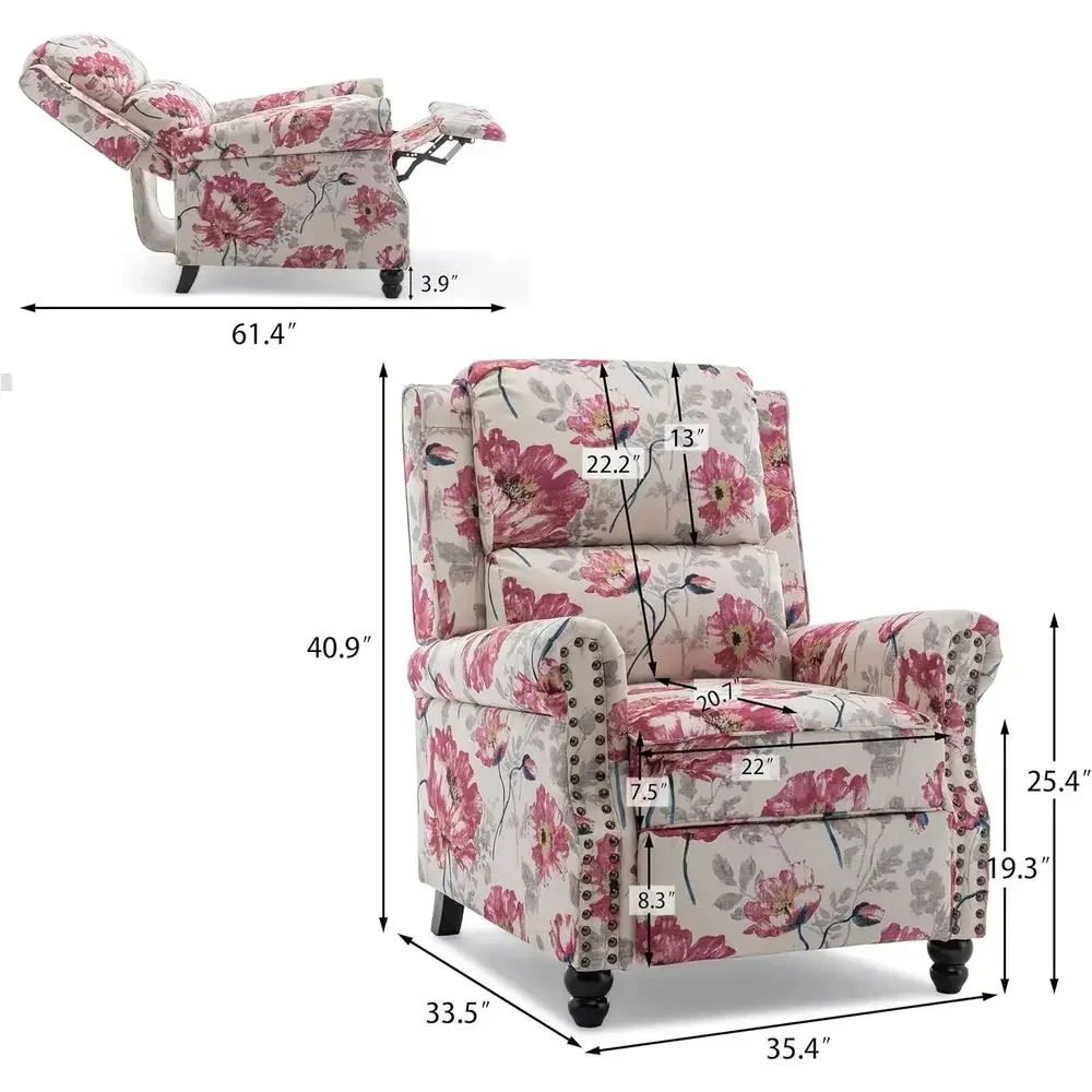Upholstered Wingback Recliner Chairs Set of 2, Push Back Armchair with Wood Legs, White Fabric Accent Chairs for Living Room