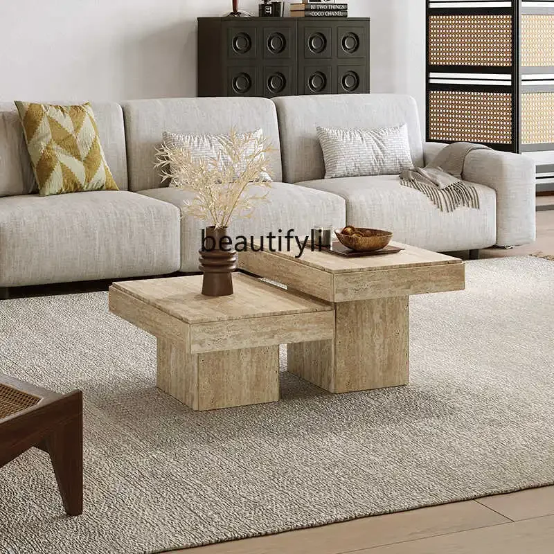 Travertine coffee table size combination villa square small tea table living room luxury stone high sense