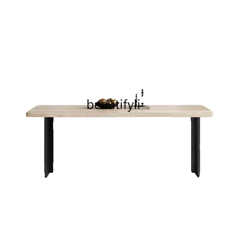

French travertine rock slab dining table and chair combination simple rectangular designer dining table