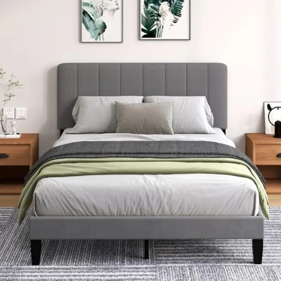 Queen Size Bed Frame with Headboard for Bedroom, Velvet Upholstered Wooden Frame in Grey, Soft Touch Sturdy Support, No Box Spr