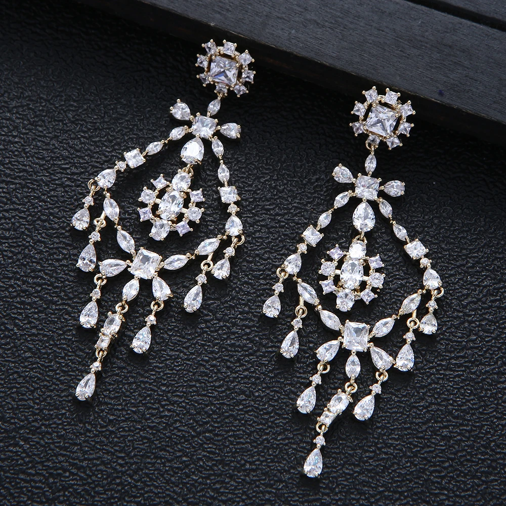 

Luxury Long Geometry Waterdrop Tassels Square Dangle Earrings For Women Wedding Cubic Zircon Crystal CZ E9570