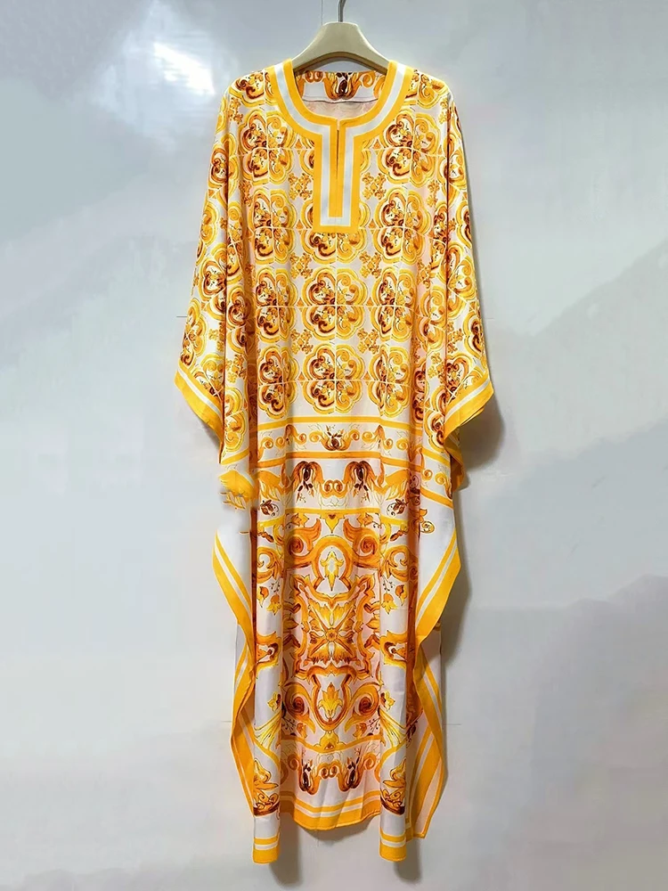 

Summer 2025 women's vintage geometric printed round-neck batsleeved dress, fashionable slit skirt, loose puffy skirt