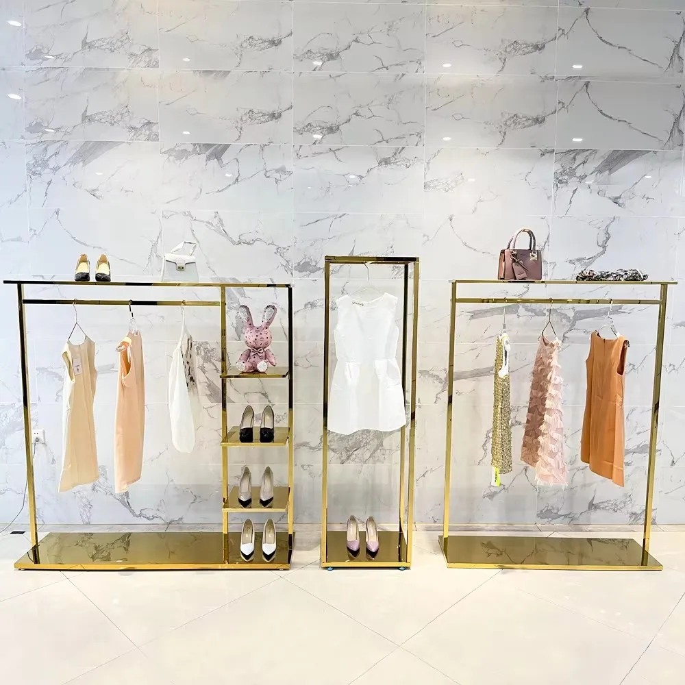 High Quality Garment Store Gold Display Shelving Furniture Clothing Display Rack Stand Design With Top Shelf
