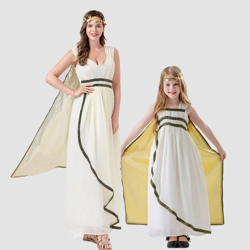 

Halloween Cos Goddess White Long Dress Retro Fashion Party Adult Children Parent-Child Robe Dress Silk Material Traditional C...