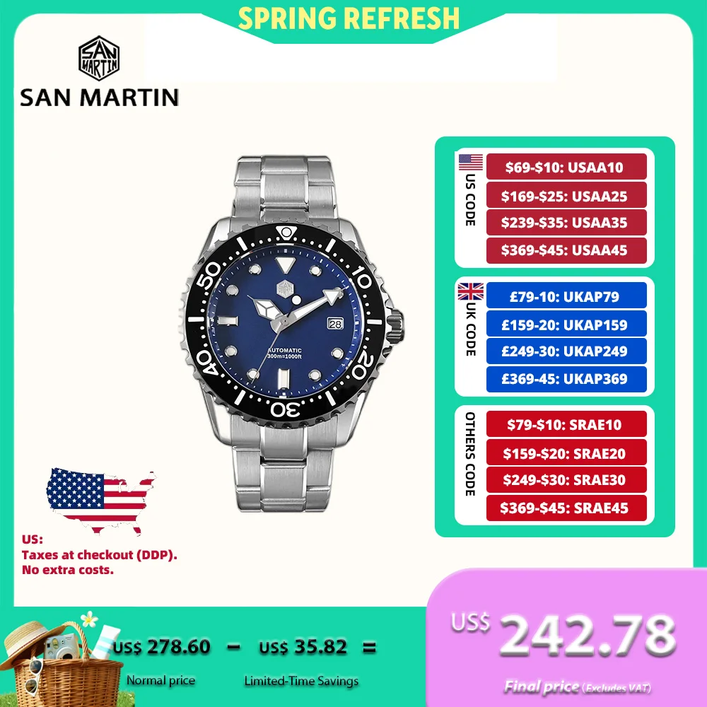 

San Martin 44mm NH35 Diving Automatic Mechanical Watch Men 3H Date Window Enamel Dial Bracelet BGW-X1 30ATM Montre Homme SN0009B