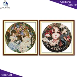 Joy Sunday Andromeda Berries Two Little Girls Cross Stitch Kits, counted Stamped Canvas Cross Stitch, DG007, RA201