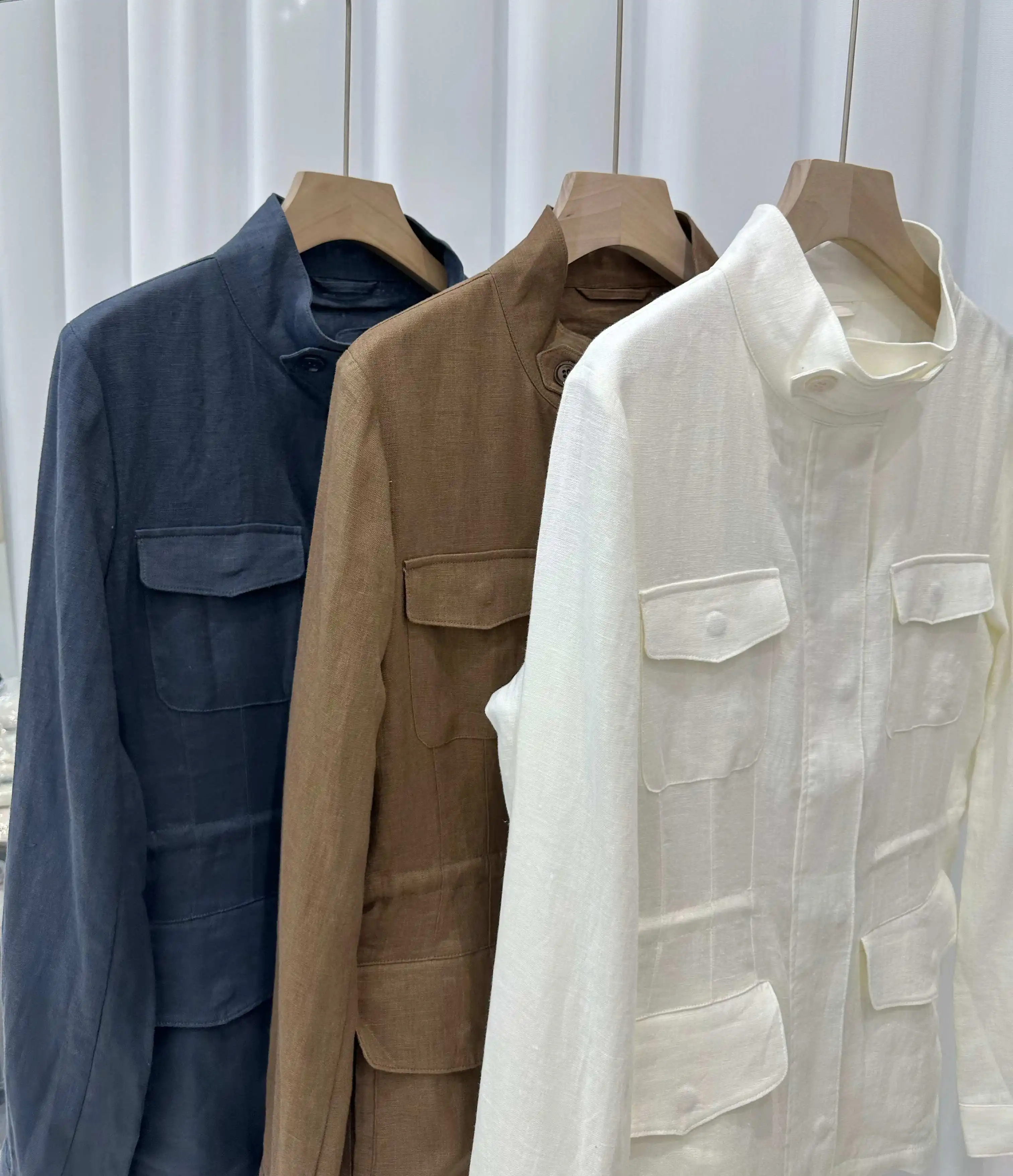Retro Style Linen Stand Collar Waist Double Zipper Casual Long Sleeve Spring And Autumn Jacket Women'S Outerwear Tops
