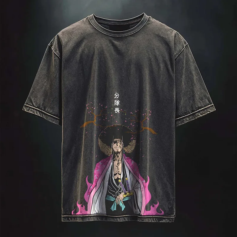 Washed Anime Bleach T-shirt Crewneck Oversized Men Women Streetwear Harajuku Y2k Short Sleeve Heavy Cotton Female Male Clothing
