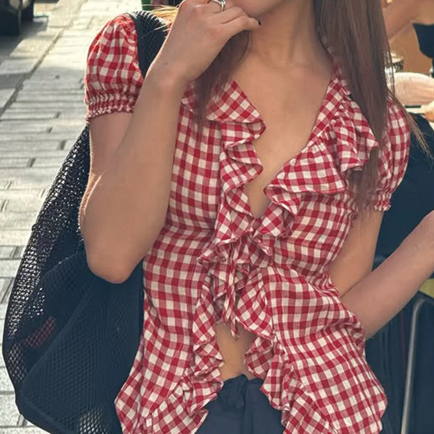 

Retro Plaid Shirt Top, New Women's Clothing, Pleated, Black Fungus Edge Tied, Bubble Sleeves, Short Sleeved T-shirt