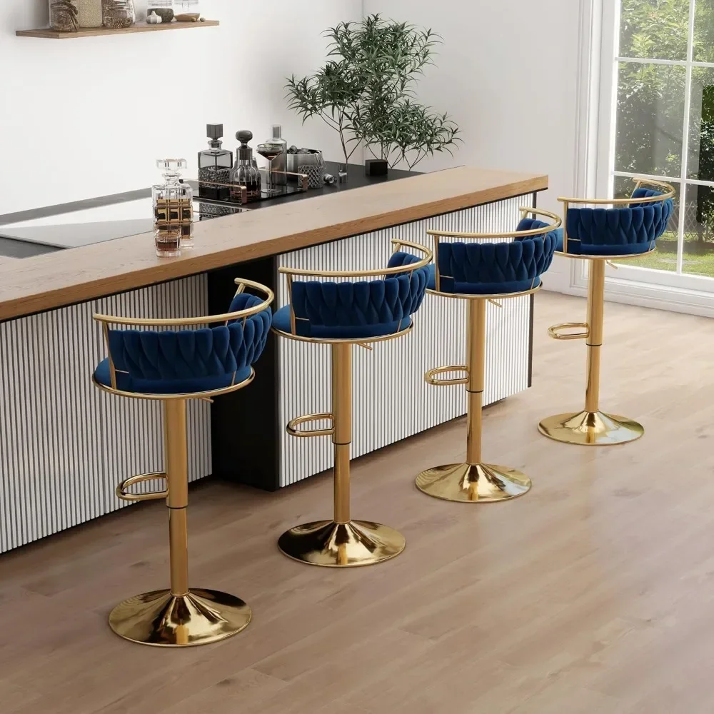 360° Swivel Bar Stools, Modern Adjustable Counter Height Velvet Bar Chair Gold Metal Stool