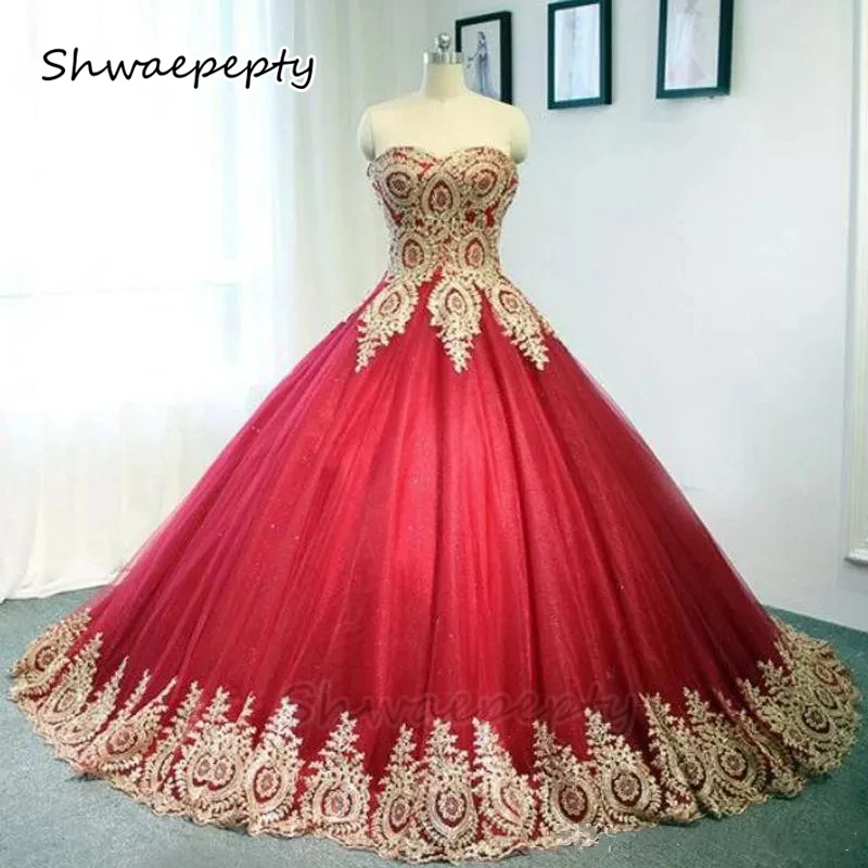 Rotes und goldenes Ballkleid-Hochzeitskleid mit Spitzenapplikationen, herzförmig, ärmellos, langer Tüll, Vestido De Novia, maßgeschneidertes Damenkleid