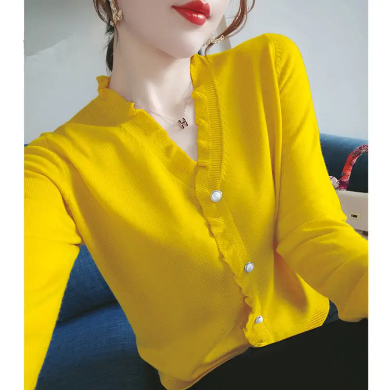 Elegant V-Neck Solid Color Button Spliced 2022 Autumn New Oversized Shirt Loose Casual Tops Commute Women\'s Clothing Blouse