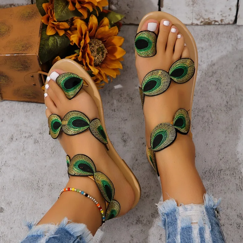 Fairy Style Flat Gold Thread Peacock Eye Hair Sandals Women\'s Shoes New Summer with Skirt Vacation Pullover Beach Shoes