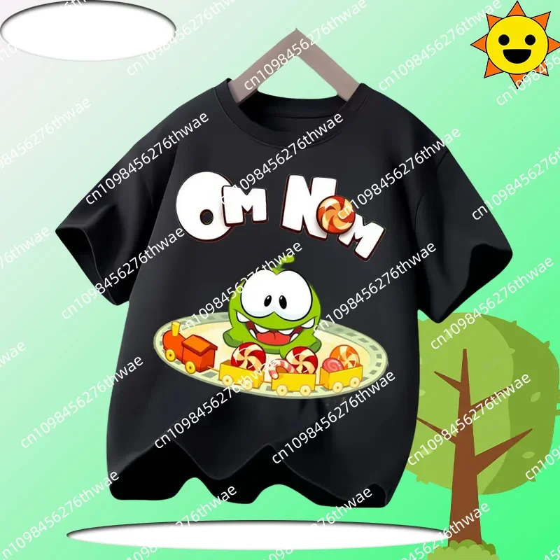 

cute and stylish. children's round-neck short-sleeved omnom cartoon-print dog-themed casual sports T-shirt for boys and girls,