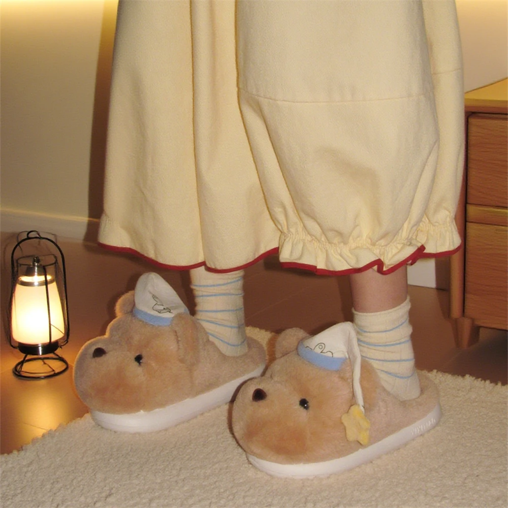 

Comfortable Plu Home Slippers Women's Winter Anti-slip Bear Head Design Sp Hat Slippers Korean Sle Flat Bot EVA