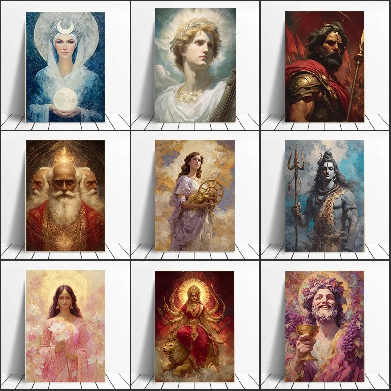 Impresión Artística de Mitología Griega e India con Dioses que Simbolizan Sabiduría y Equilibrio: Apolo, Zeus, Brahma, Selene, Abundancia, Diosa de la Luna, Decoración de Pared