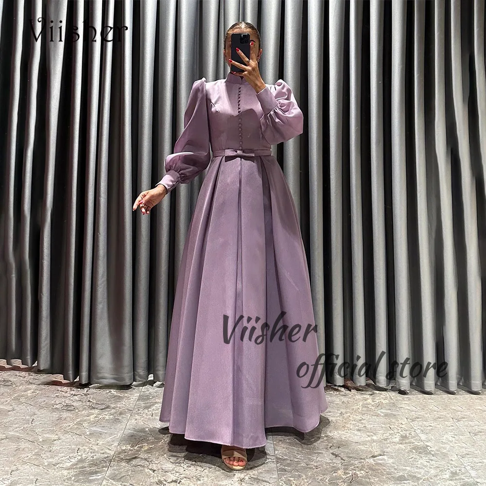 

Viisher Lilac Satin A Line Evening Dresses Long Sleeve High Neck Arabic Muslim Formal Prom Dress Floor Length Evening Gowns