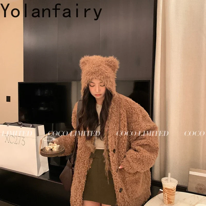 YOLANFAIRY 100% Wool and Sheep Shearling Fur Coat Womens New in Outwears Women Clothes Winter Fashion Coats Пальто Женское