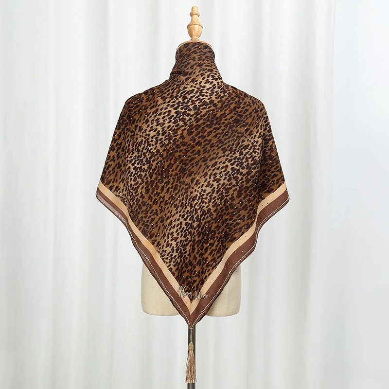 New Leopard Print Square Scarf With Diamonds Muslim Hijab Silk Scarves Women Fashion Designer Headscarf Foulard Shawl Kerchief