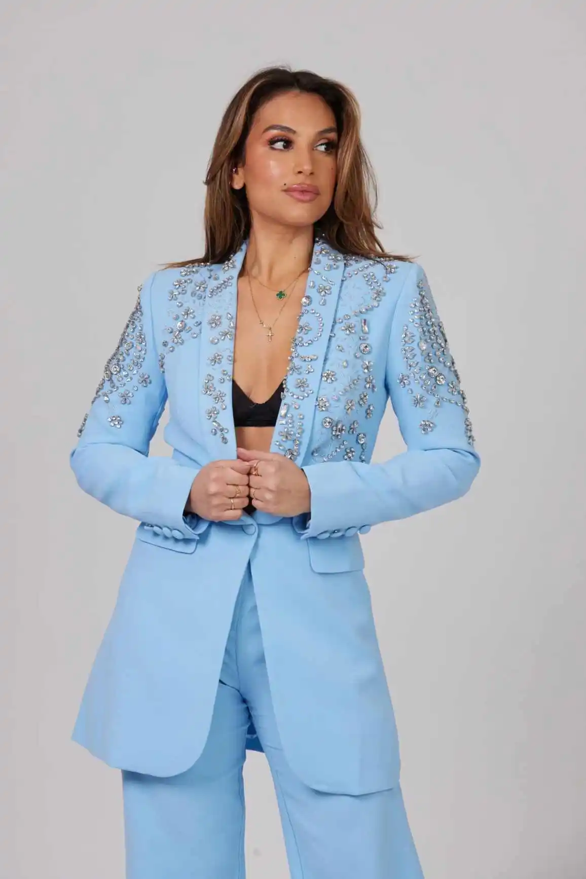 Himmelblaue Damen-Hosenanzüge, 2-teilig, Kristallperlen, Damenbekleidung, Blazer, Abschlussball, Geburtstagsfeier, individuelle Jacken-Sets