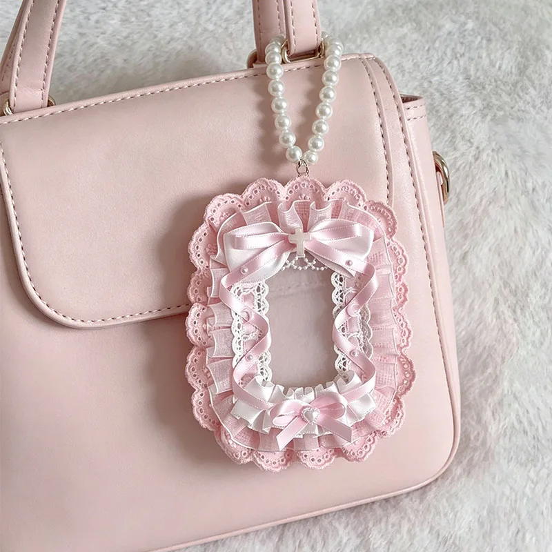 Sweet Lolita Lace Photocard Holder Handmade Bow Pearl Photo Card Frame Kpop Idol  Card Display Pendant Bag Itabag Accessories