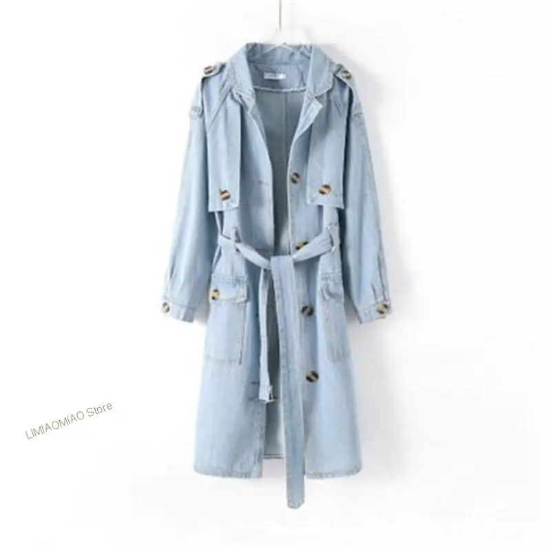 

New Spring Vintage Casual Korean Long Jean Coat Women With Belt High Street Loose Casual Autumn Denim Trench Coat Outerwear