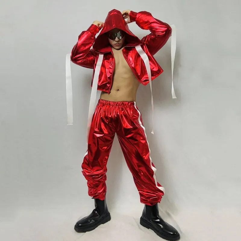 Bar Nightclub DJ Dancer Performance Stage Wear Hip Hop Jazz Dance Red Hooded Bandage Tops Pants Costume Singer Show Rave Outfit