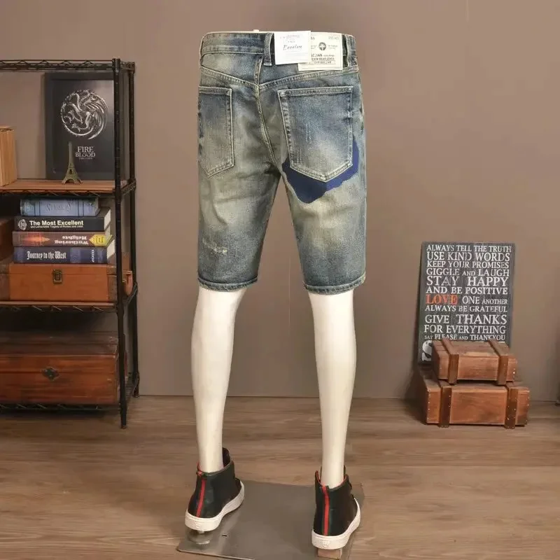 夏レトロヴィンテージ刺繍デニムショートパンツメンズトレンディブランドスリムフィットストレートレッグ弾性ウォッシュカジュアル 5 クォーターパンツ