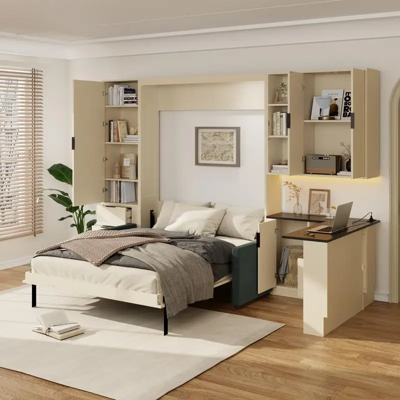 

Queen Murphy Bed with Hydraulic Storage, Sofa, Shelves & Drawers, LED/USB Lights, Beige Panel, Green Couch