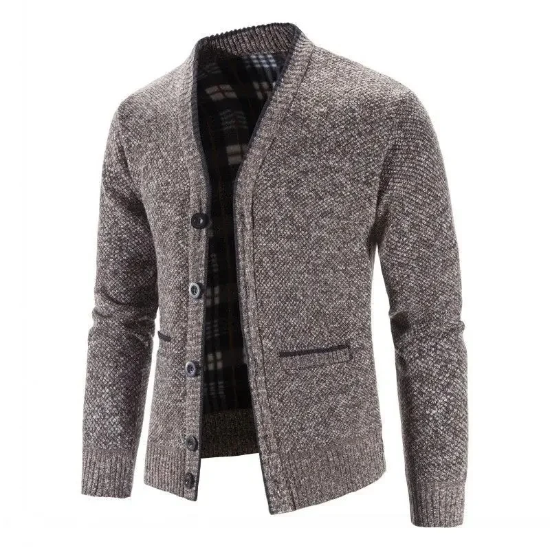 

New European and American Men's Fall Knitted Sweater with Fleece, Casual Single-breasted Cardigan with Long Sleeves.