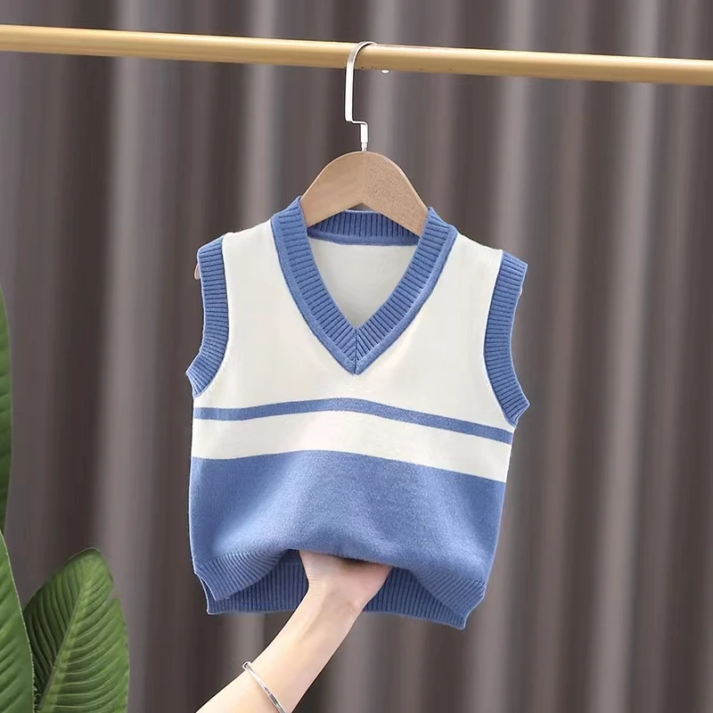 Kids Boy Sweater Vest Casual Contrast Color V-Neck Warm Knitted Sleeveless Pullover Infant Knitwear for Toddler