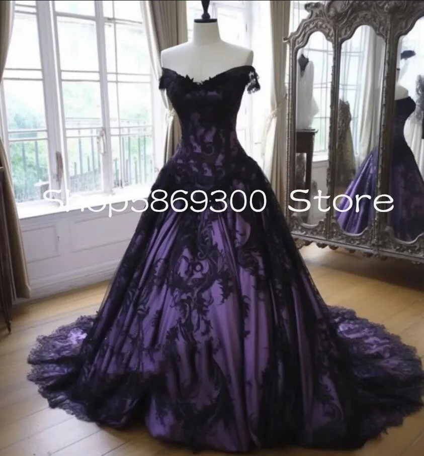 Black Purple Gothic Vintage Wedding Dresses Off Shoulder Applique Plus Size Lace-up Corset Bridal Gown Halloween Costume