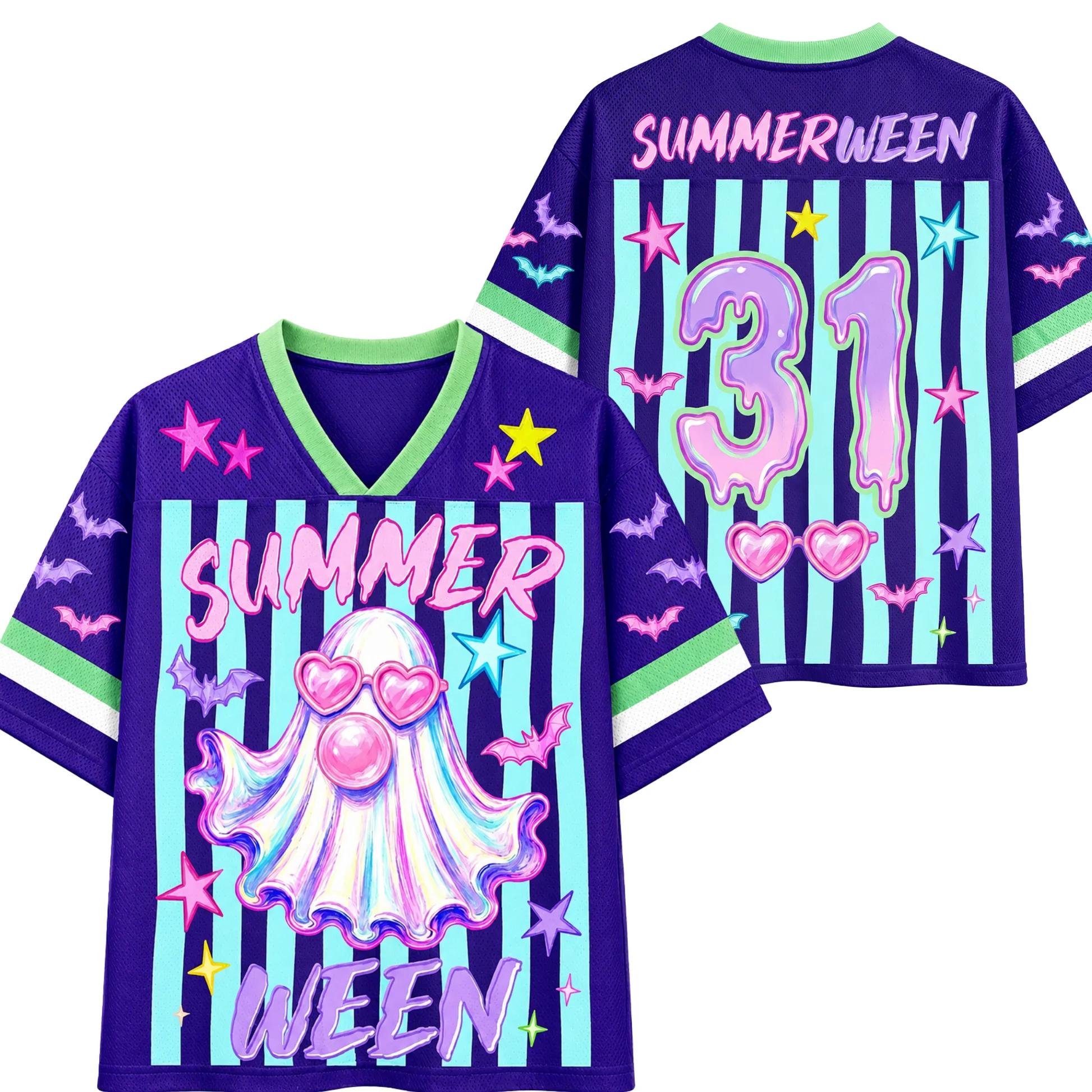 Y2K Dopamine 3D Printed Cartoon Ghost Niche Mesh V-neck T-shirt, Star Bat Trend Halloween Men's and Women's Soccer Uniforms