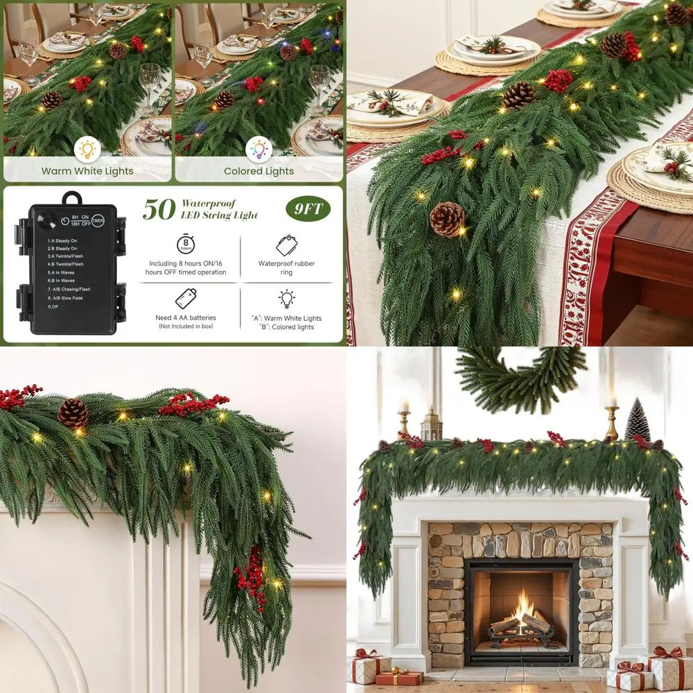 

Реалистичная рождественская гирлянда из зеленой сосны Norfolk на батарейках с подсветкой, длина 9 футов для внутреннего праздничного декора на мантии, лестнице,