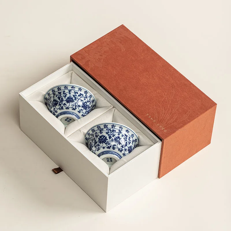 Blue and White Pressed-Hand Cup, Household Ceramic, Chinese Hand-Painted Pair of Cups, Personal Dedicated Tea Cup Gift Box Set